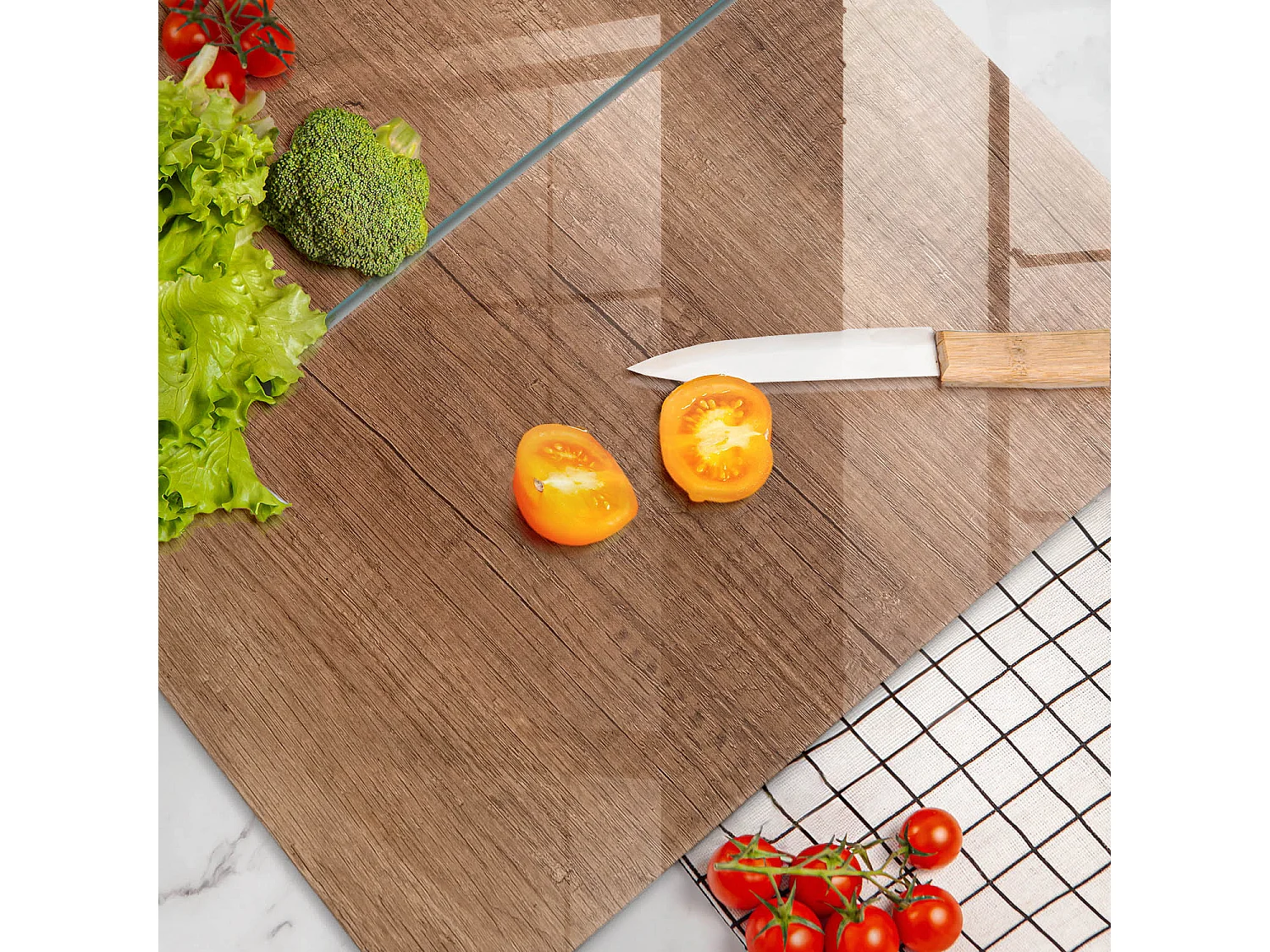 Rechteckiges Küchenbrett aus Glas, 2 Stück 30x52 cm, Holzstruktur