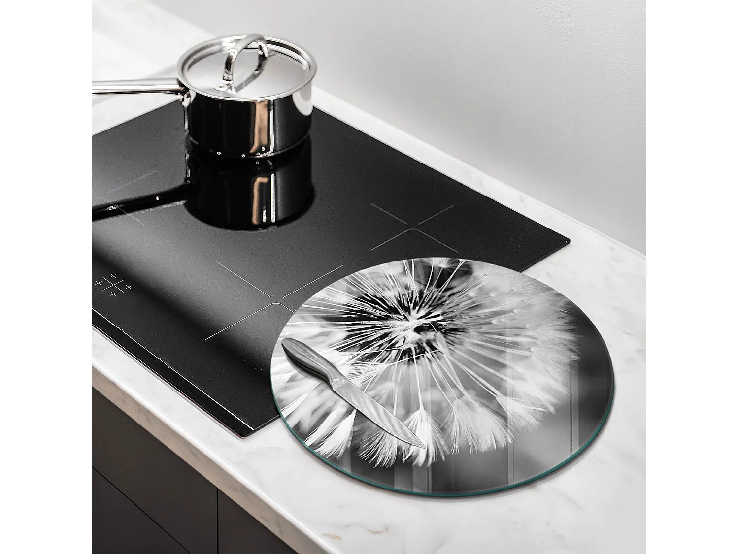 Rundes Küchenbrett aus Glas, 40 cm Zarte Löwenzahn