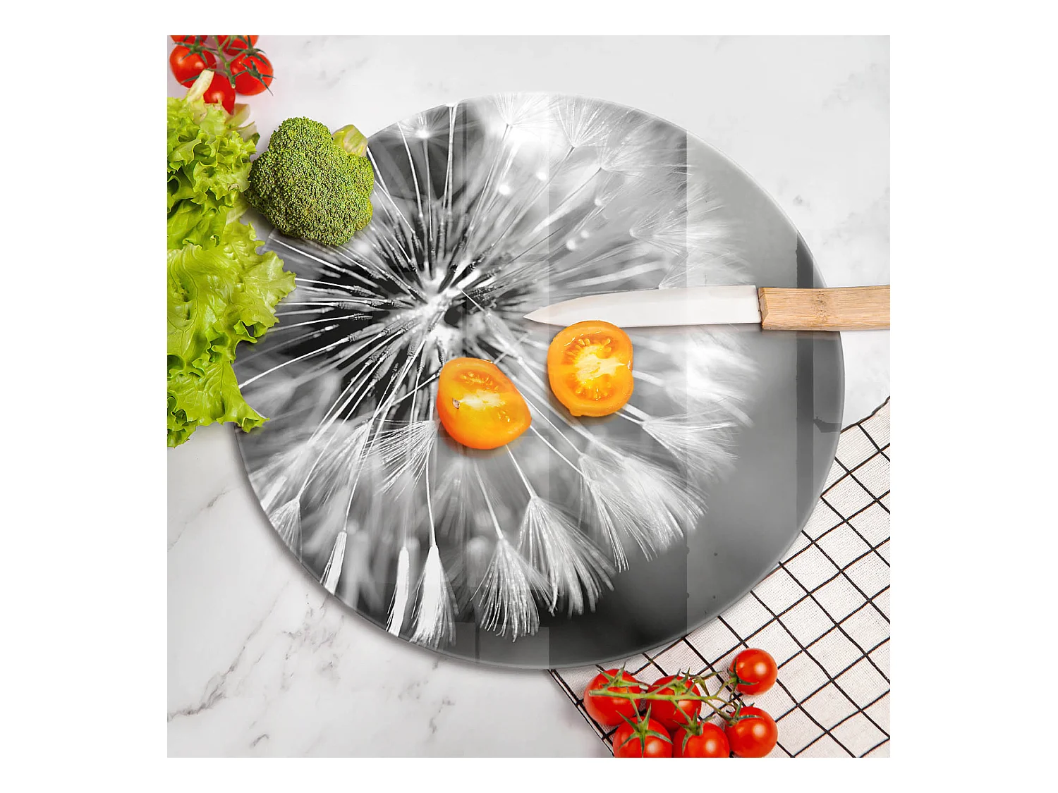 Planche de cuisine ronde en verre, 40 cm Pissenlit délicat