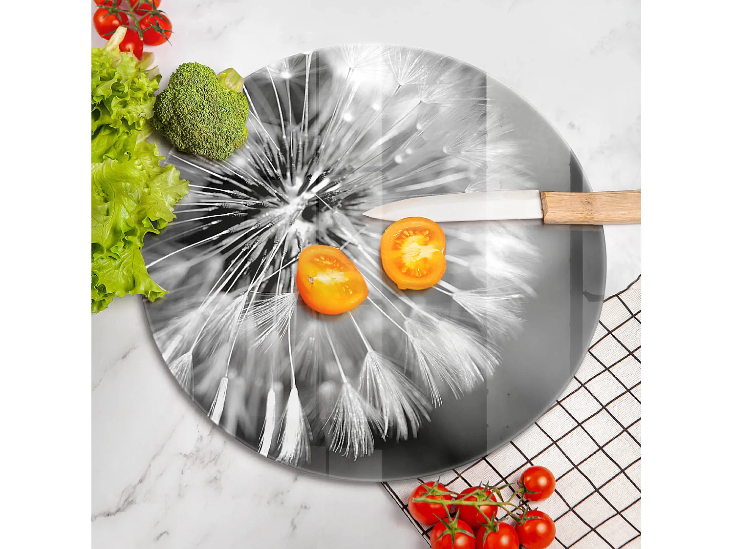 Rundes Küchenbrett aus Glas, 40 cm Zarte Löwenzahn