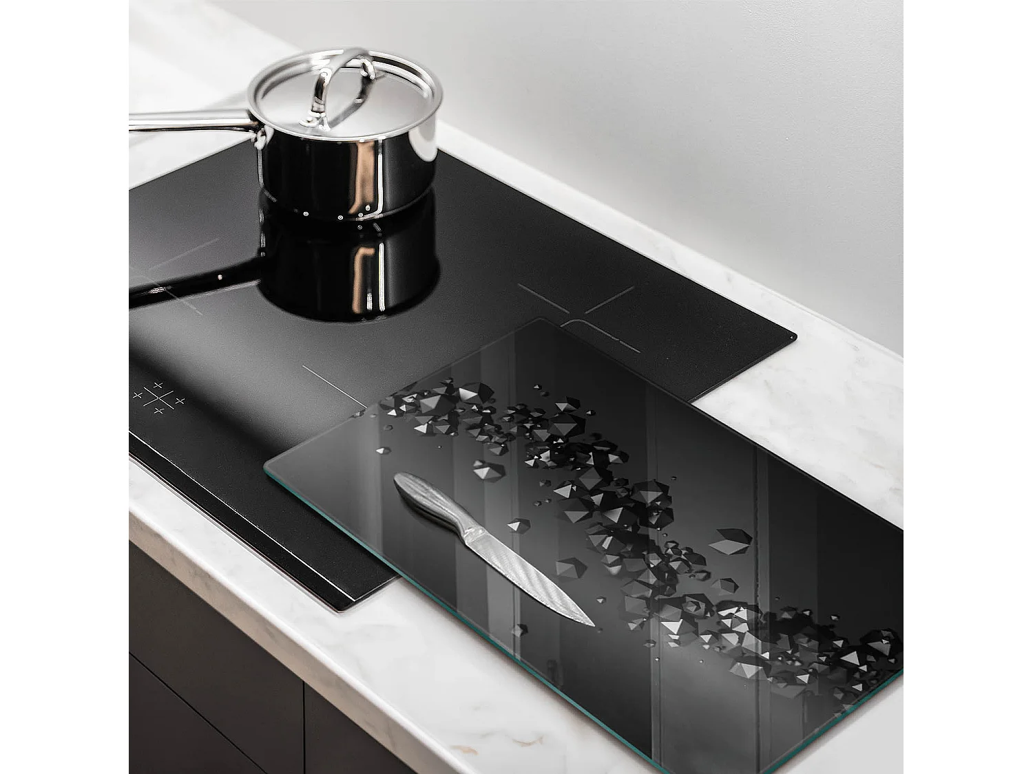 Rechteckiges Küchenbrett aus Glas, 30x52 cm Abstraktion von 3D-Formen.