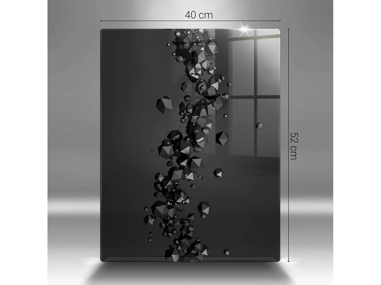 Rechteckiges Küchenbrett aus Glas, 30x52 cm Abstraktion von 3D-Formen.