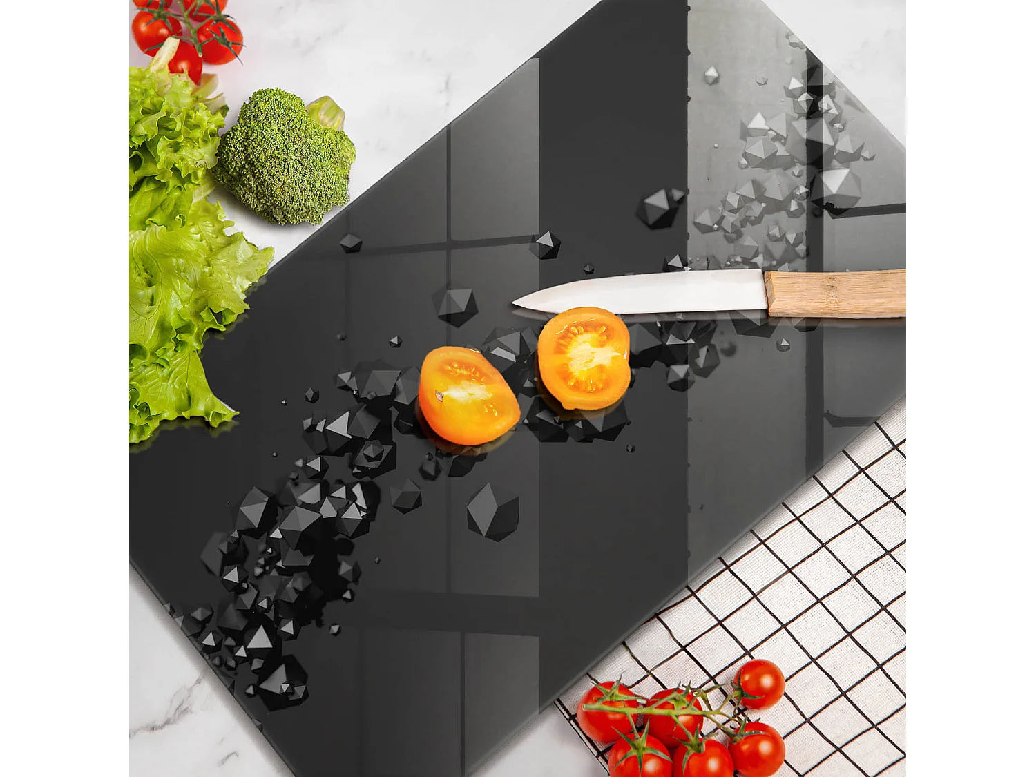Planche de cuisine rectangulaire en verre, 30x52 cm Abstraction de formes 3D.