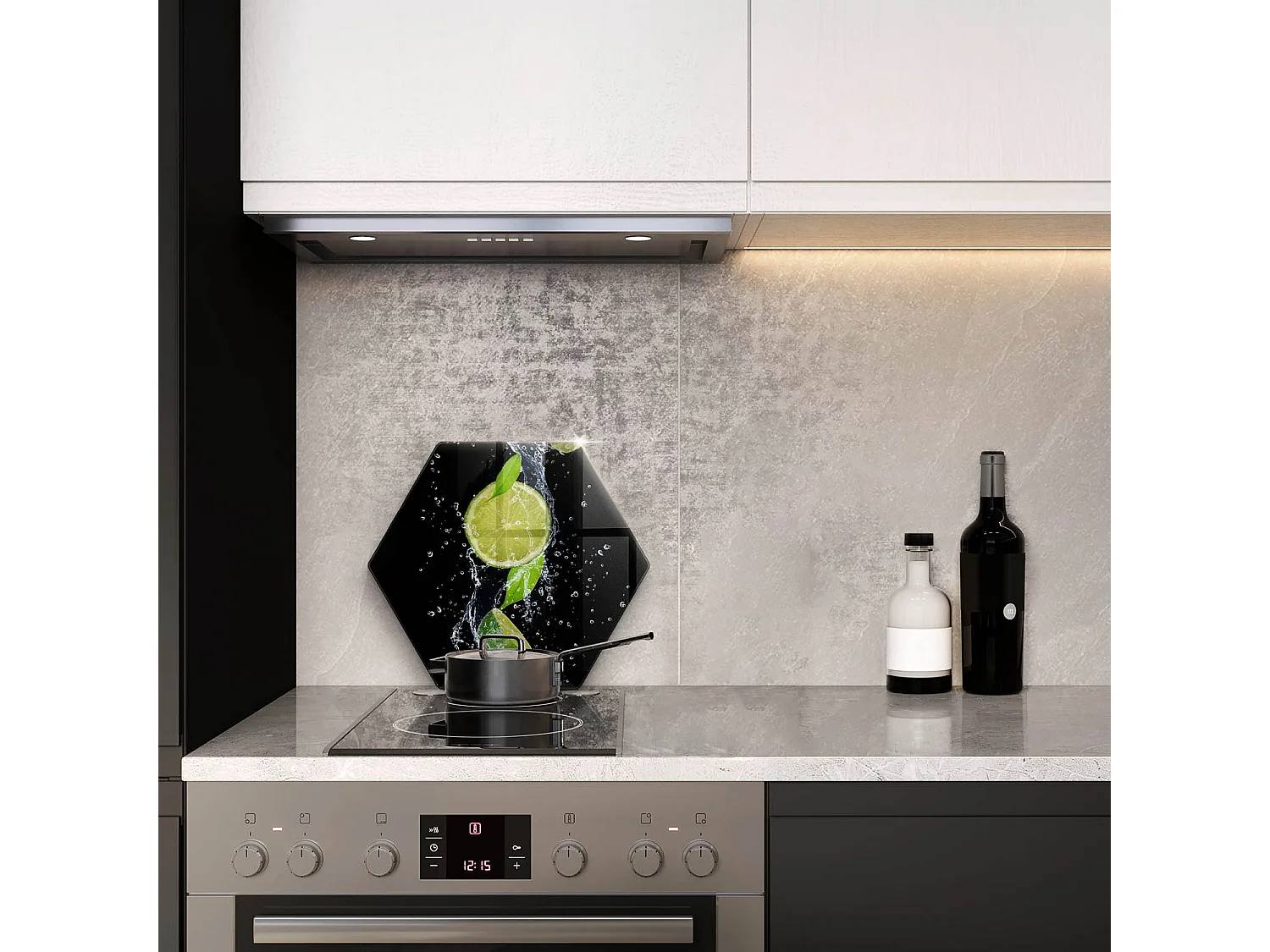 Sechseckiges Küchenbrett aus Glas, 40 cm Saftige Limetten in Wasser