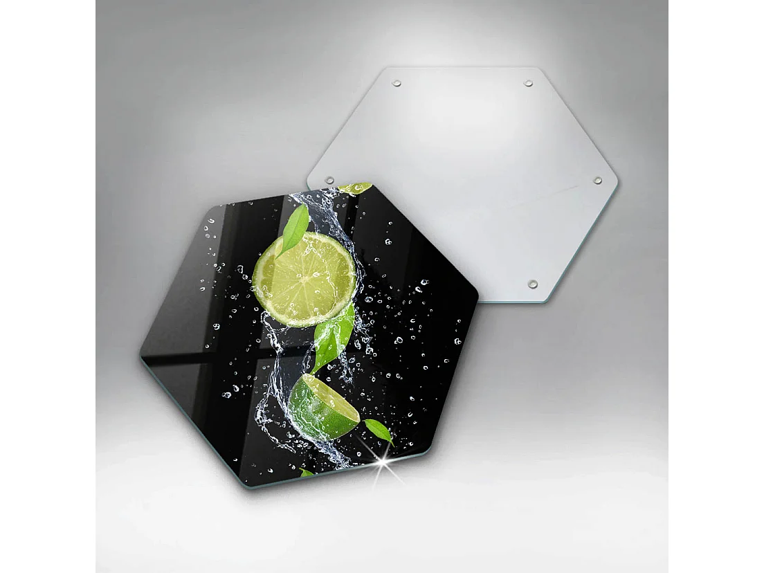 Sechseckiges Küchenbrett aus Glas, 40 cm Saftige Limetten in Wasser