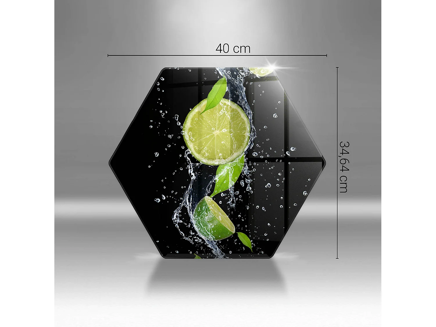 Sechseckiges Küchenbrett aus Glas, 40 cm Saftige Limetten in Wasser