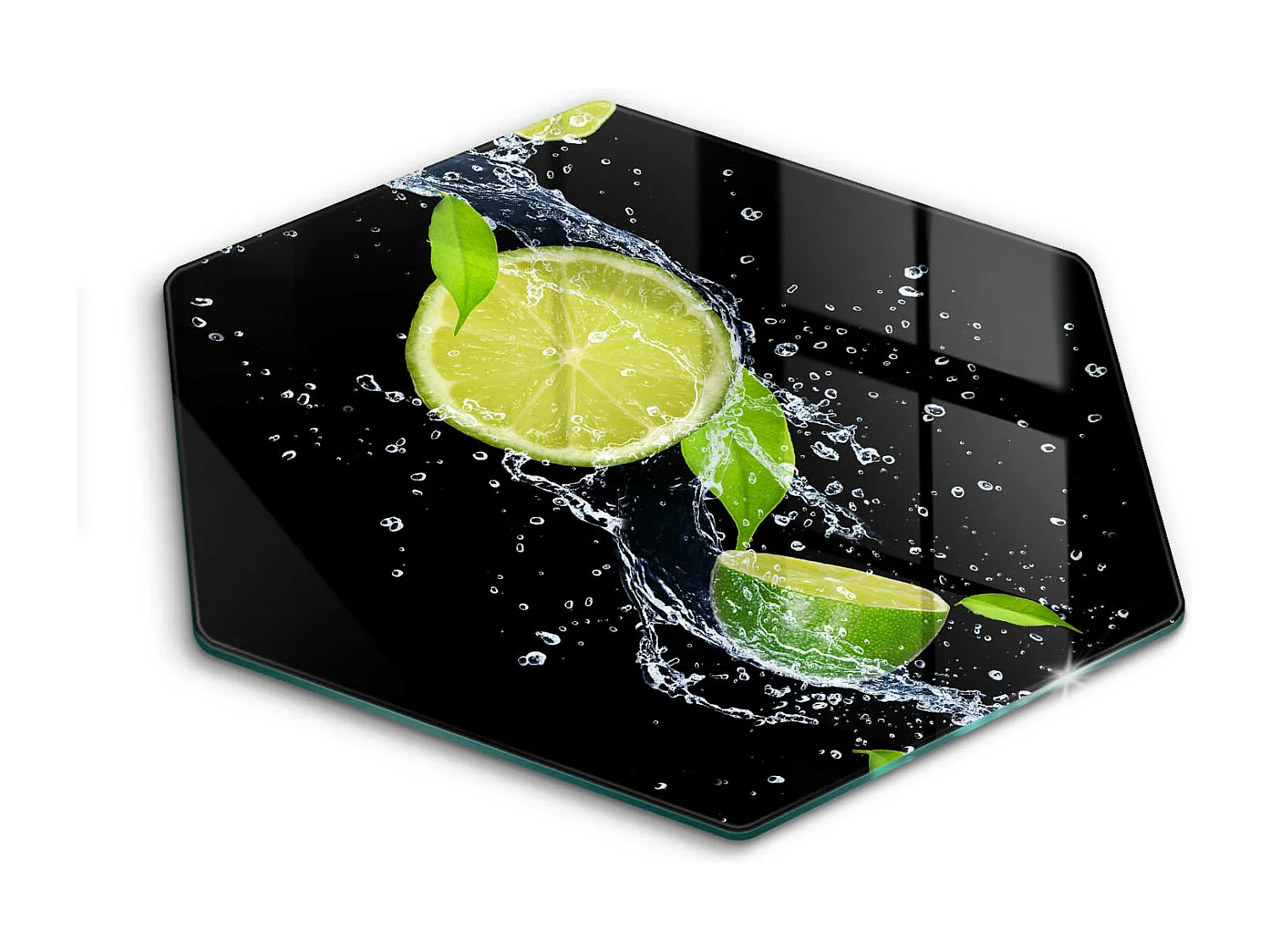 Sechseckiges Küchenbrett aus Glas, 40 cm Saftige Limetten in Wasser