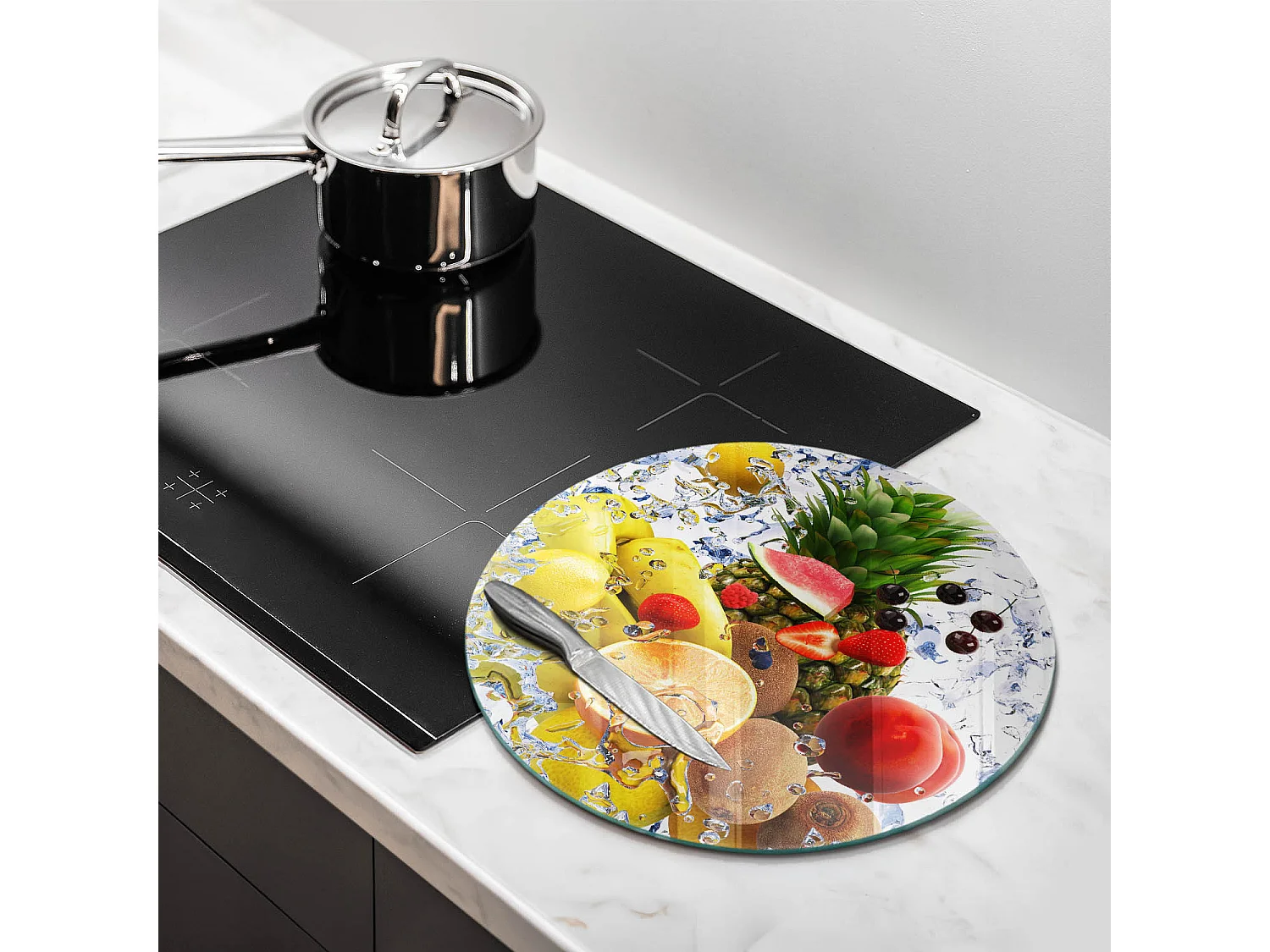 Rundes Küchenbrett aus Glas, 40 cm Saftige Früchte und Wasser