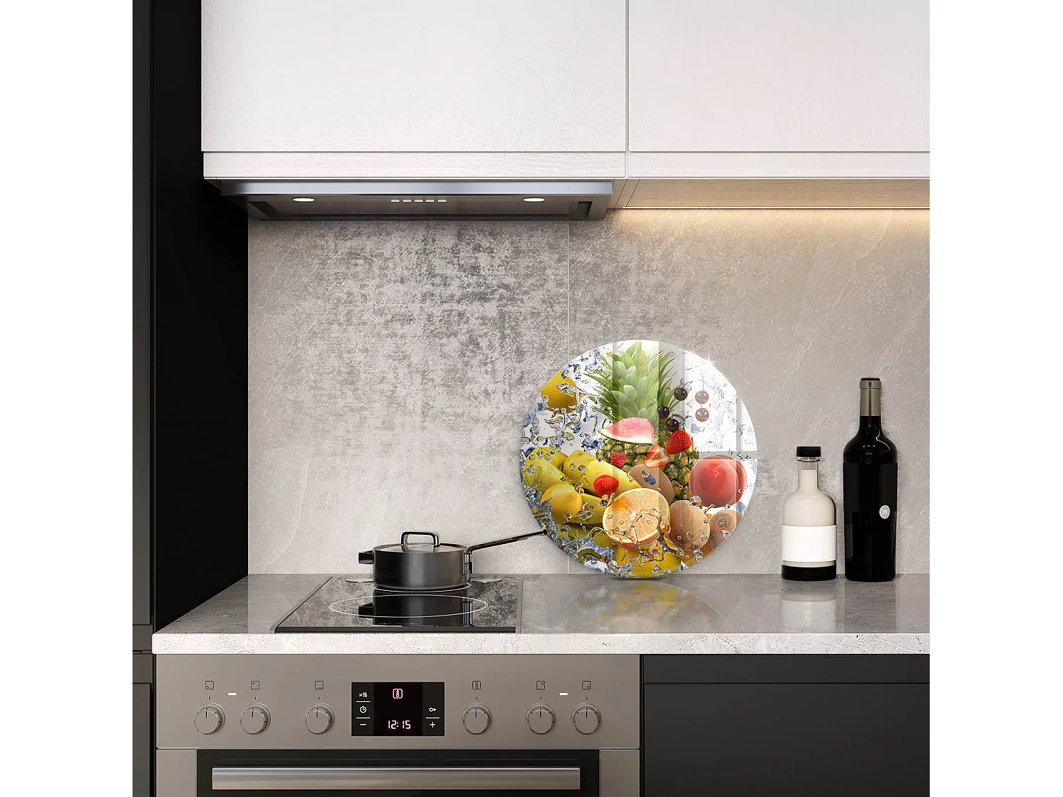 Rundes Küchenbrett aus Glas, 40 cm Saftige Früchte und Wasser