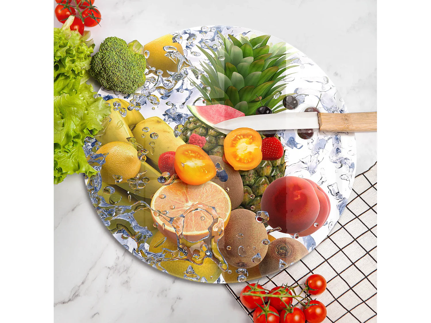 Rundes Küchenbrett aus Glas, 40 cm Saftige Früchte und Wasser