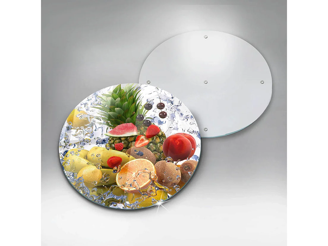 Rundes Küchenbrett aus Glas, 40 cm Saftige Früchte und Wasser