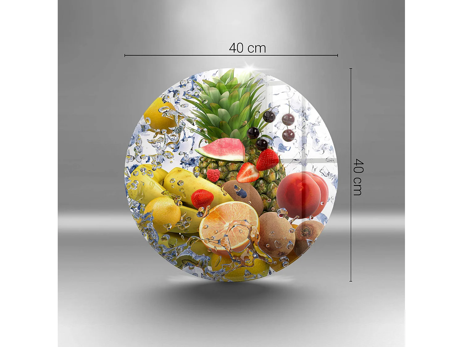 Rundes Küchenbrett aus Glas, 40 cm Saftige Früchte und Wasser