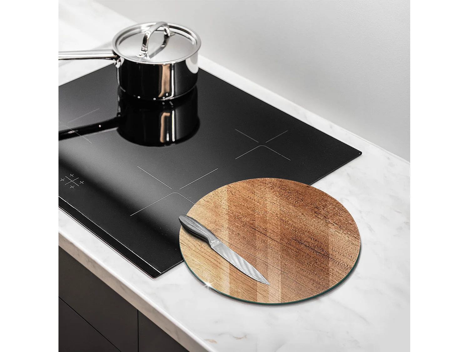 Planche de cuisine ronde en verre, 30 cm, texture bois