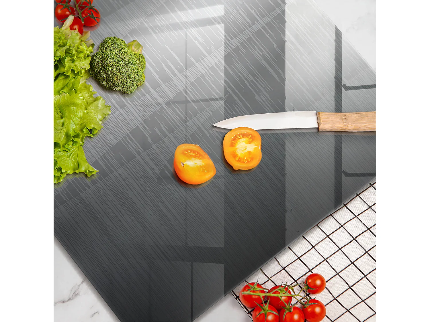 Rechteckiges Küchenbrett aus Glas, 60x52 cm, Metallstruktur