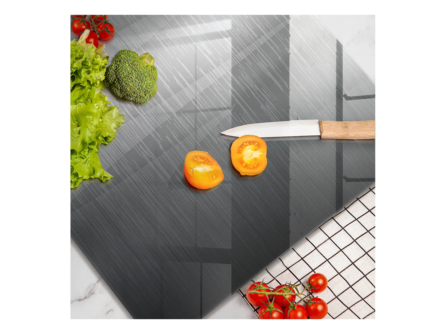 Planche de cuisine rectangulaire en verre, 60x52 cm, texture métal