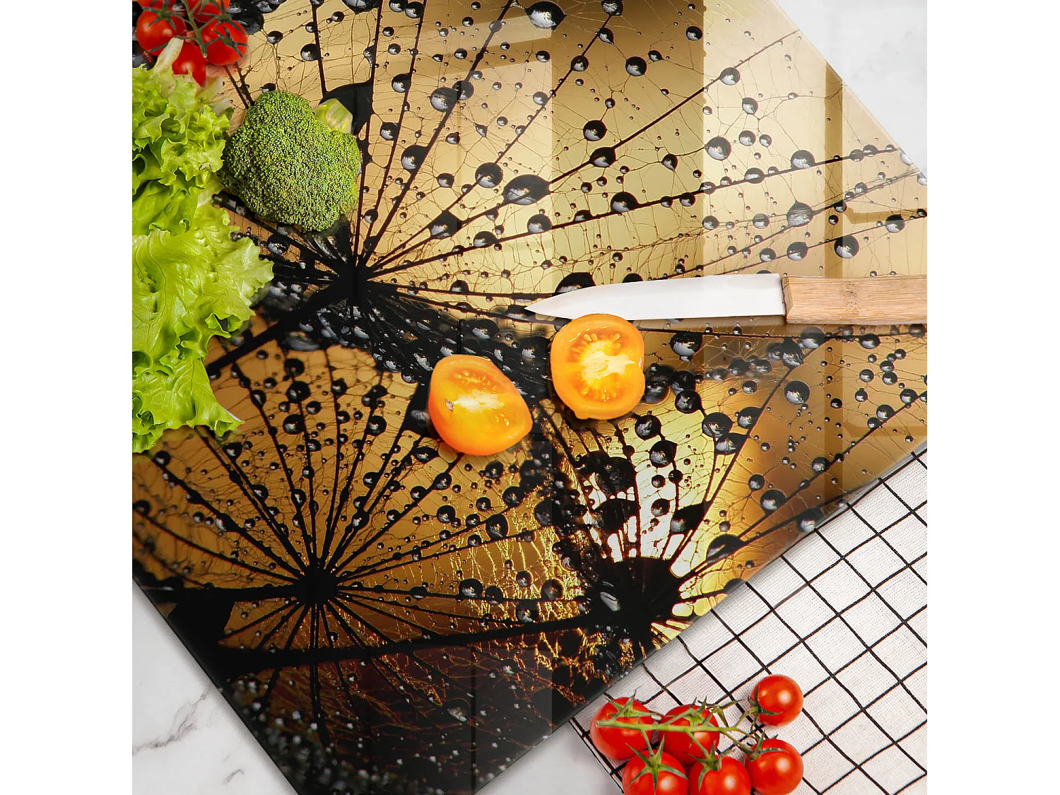 Rechteckiges Küchenbrett aus Glas, 80x52 cm Rosa und Löwenzahn