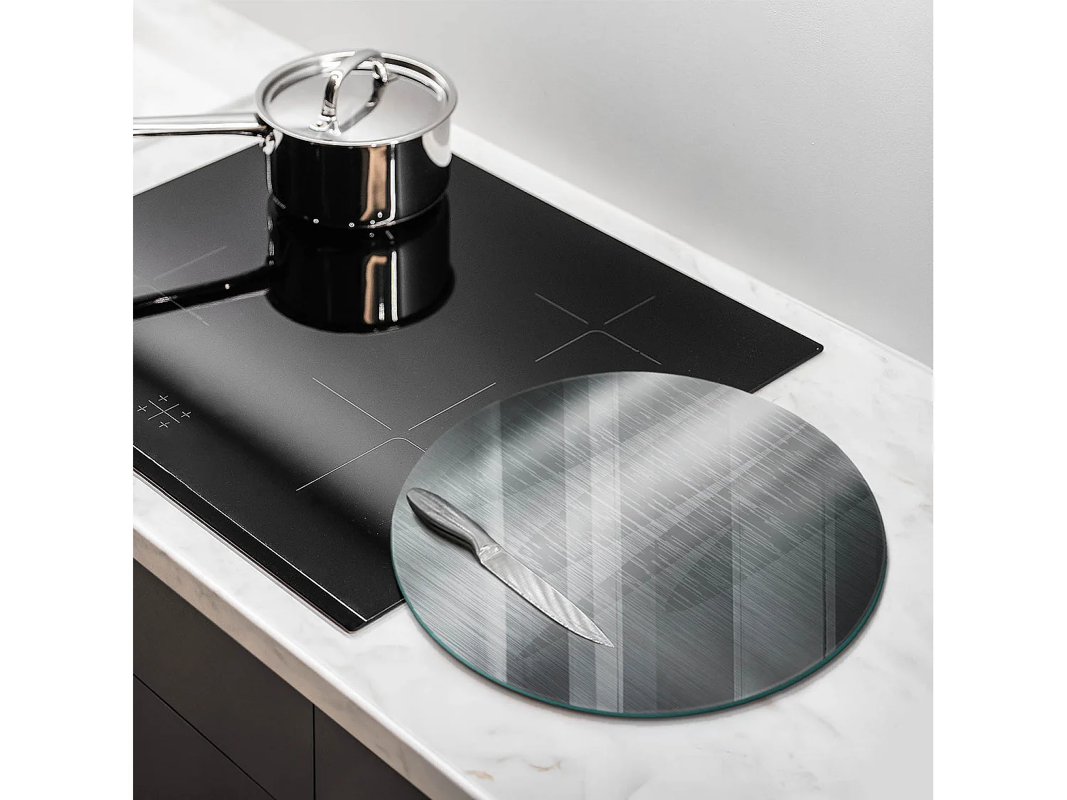 Rundes Küchenbrett aus Glas, 40 cm, Metallstruktur