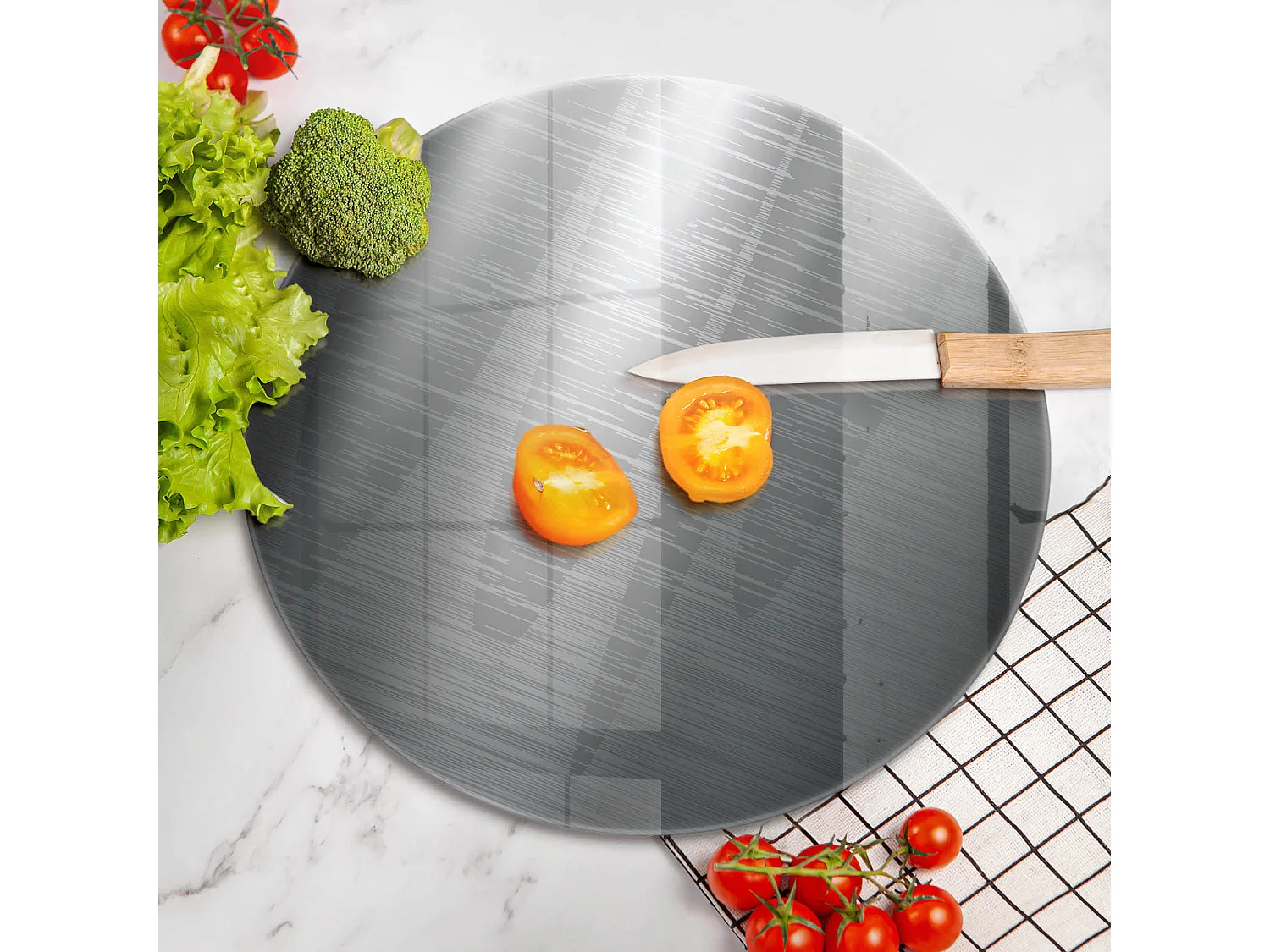 Rundes Küchenbrett aus Glas, 40 cm, Metallstruktur