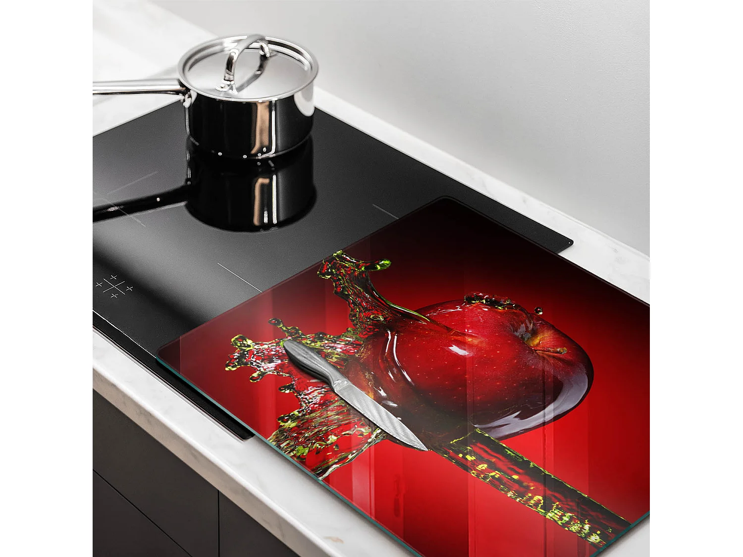 Rechteckiges Küchenbrett aus Glas, 60x52 cm Apfel im Wasser