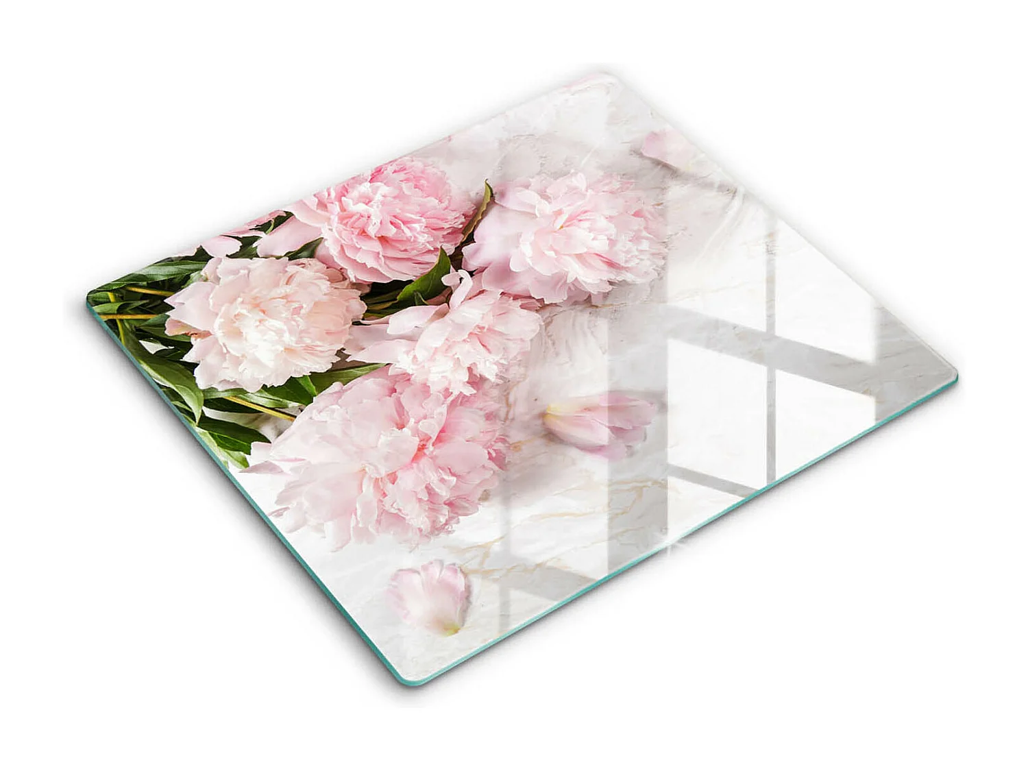 Rechteckiges Küchenbrett aus Glas, 60x52 cm. Zarte rosa Blüten