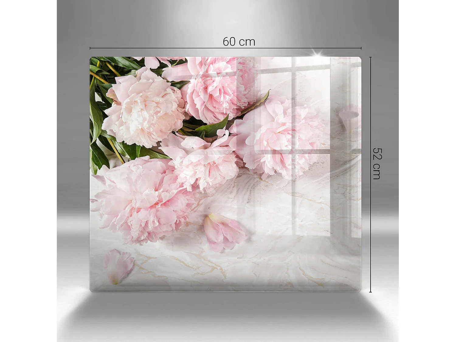 Rechteckiges Küchenbrett aus Glas, 60x52 cm. Zarte rosa Blüten