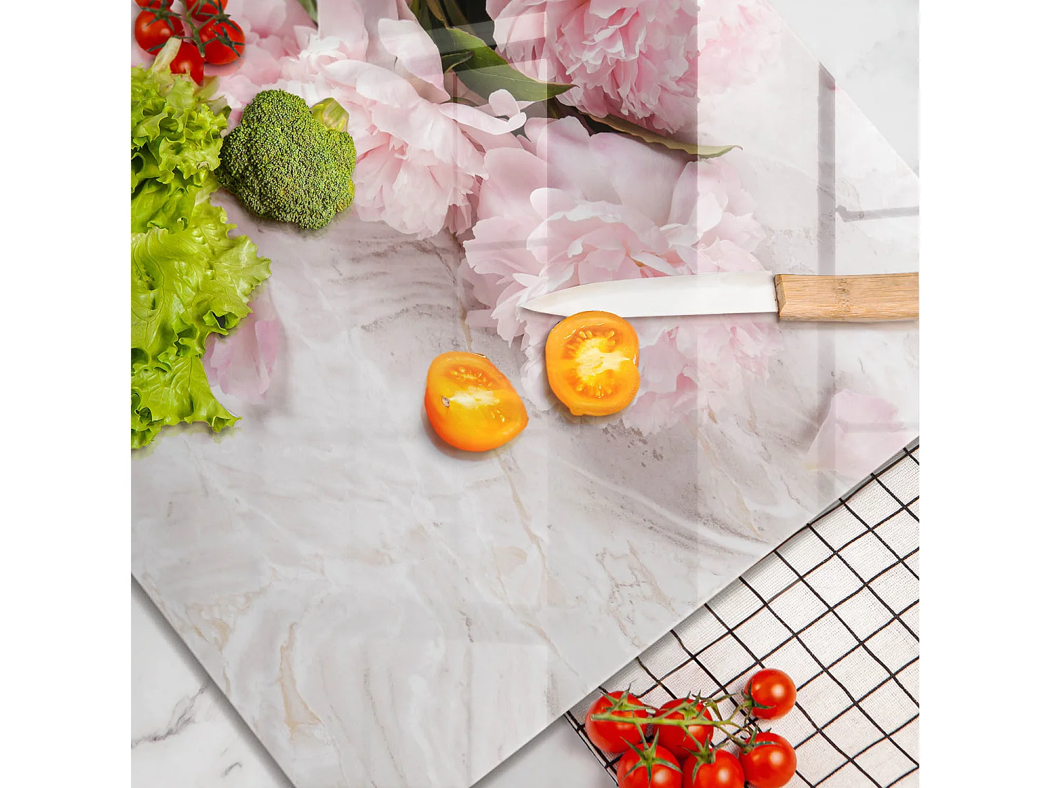 Rechthoekig glazen keukenbord, 60x52 cm Delicate roze bloemen