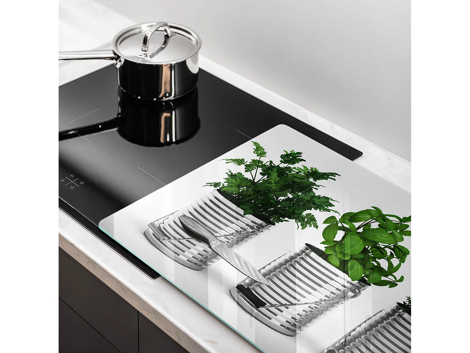 Rechteckiges Küchenbrett aus Glas, 80x52 cm, Kräuter- und Pflanzentöpfe