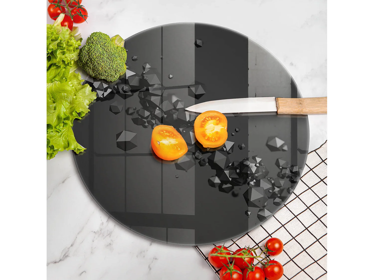 Rundes Küchenbrett aus Glas, 40 cm, 3D-Formen, Abstraktion