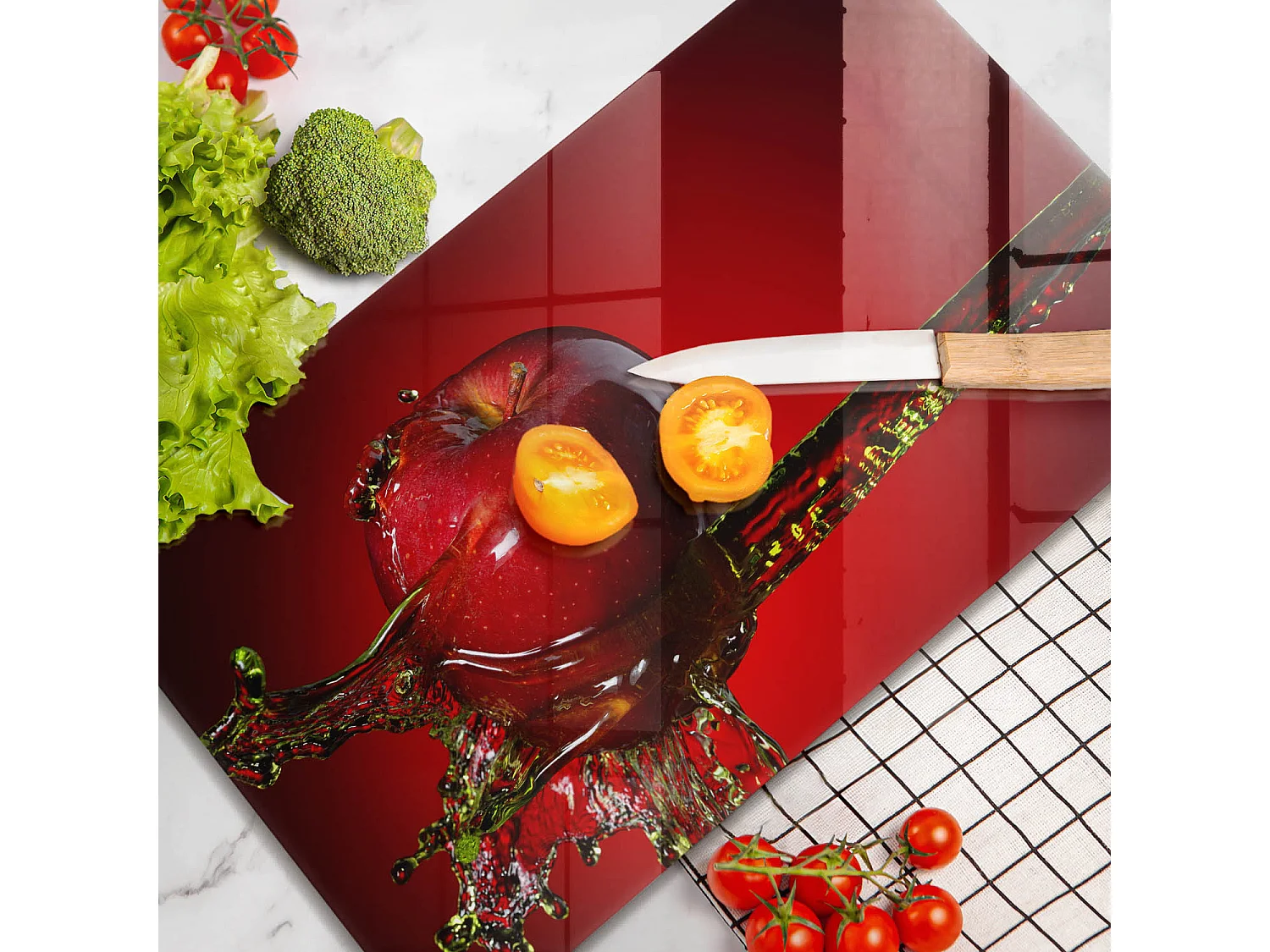Planche de cuisine rectangulaire en verre, 52x30 cm Pomme dans l'eau