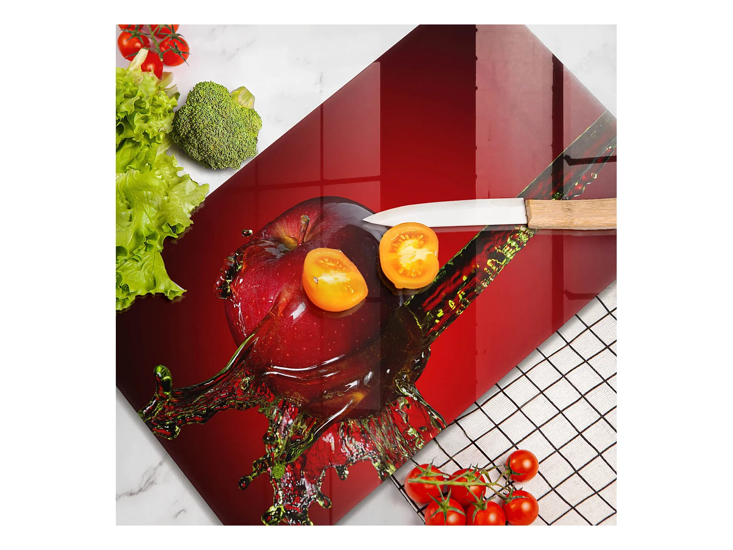 Planche de cuisine rectangulaire en verre, 52x30 cm Pomme dans l'eau