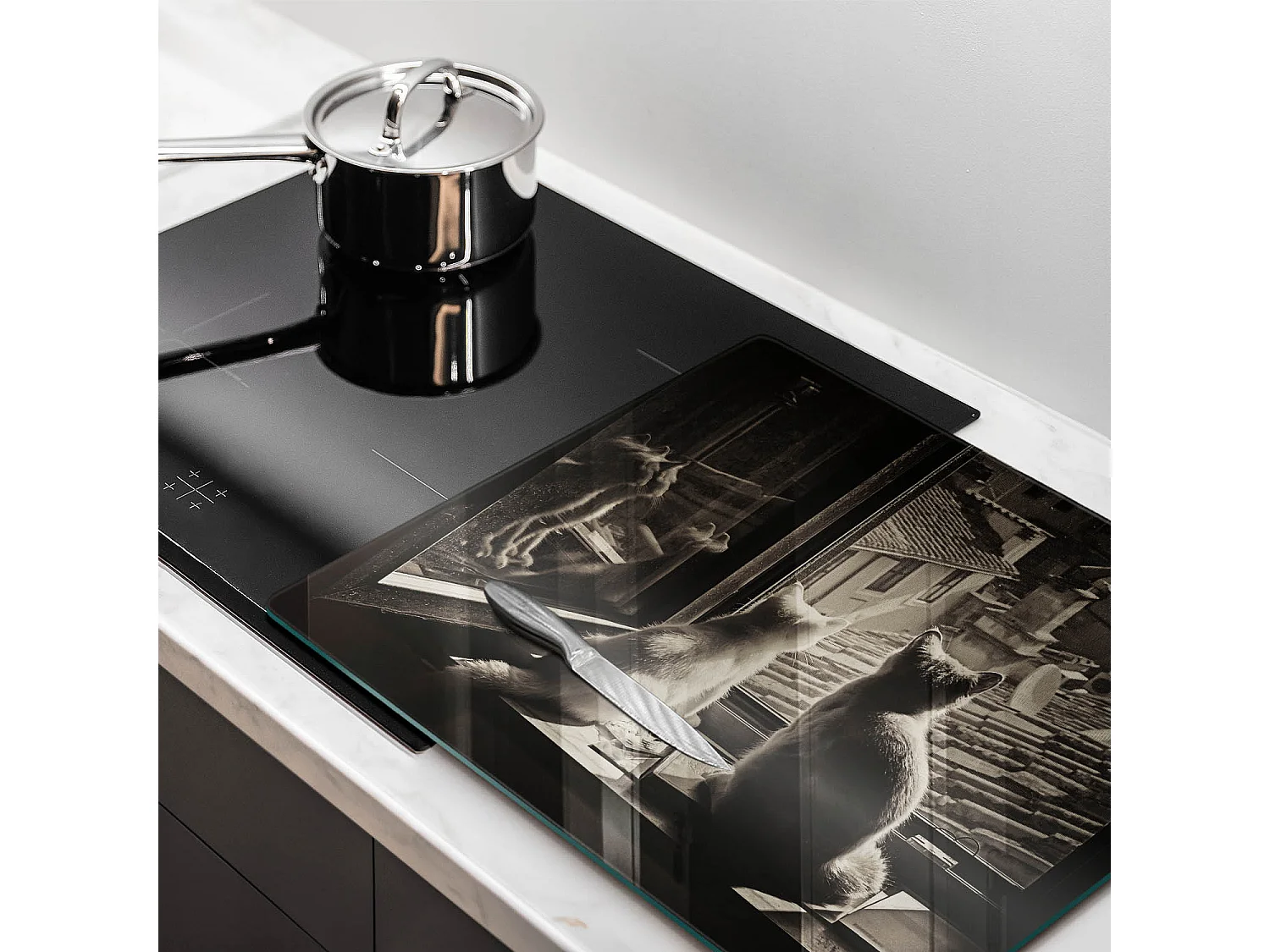 Planche de cuisine rectangulaire en verre, 60x52 cm Chats ville et fenêtre