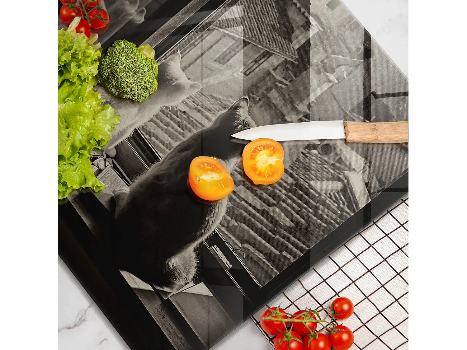 Planche de cuisine rectangulaire en verre, 60x52 cm Chats ville et fenêtre