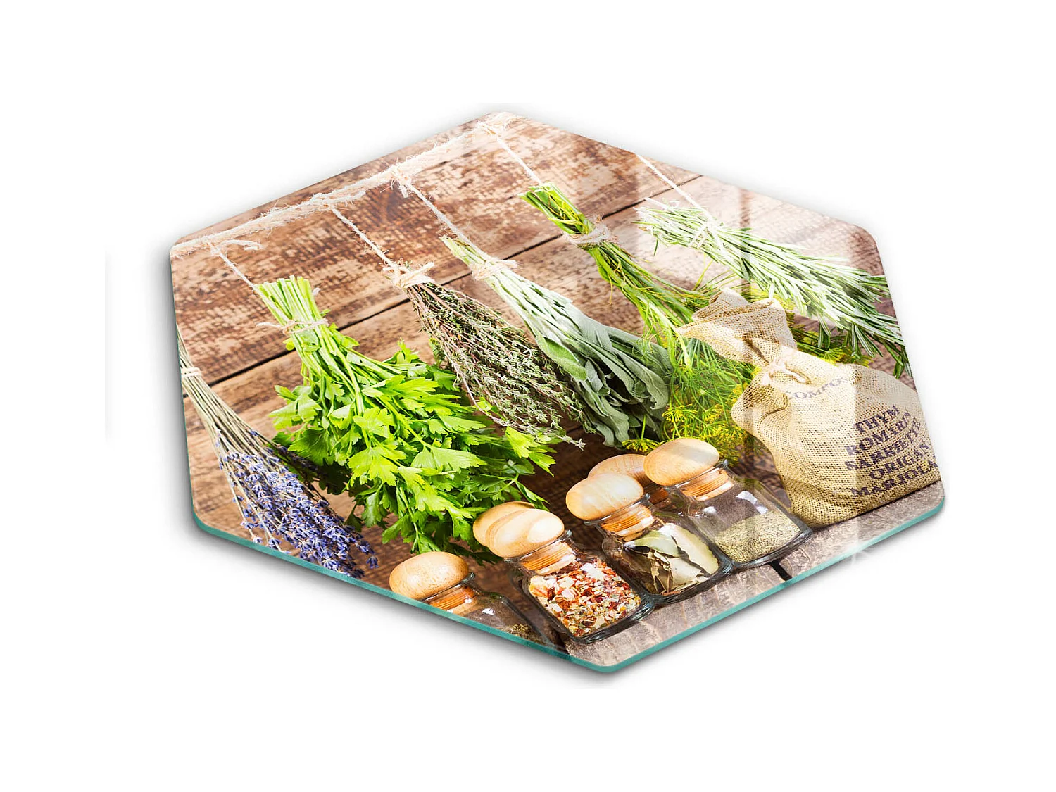Planche de cuisine hexagonale en verre, 40 cm Herbes, épices et bois