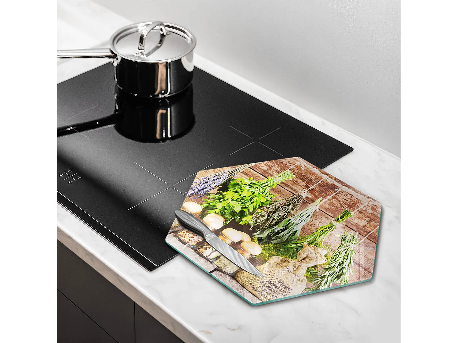 Sechseckiges Küchenbrett aus Glas, 40 cm Kräuter, Gewürze und Holz