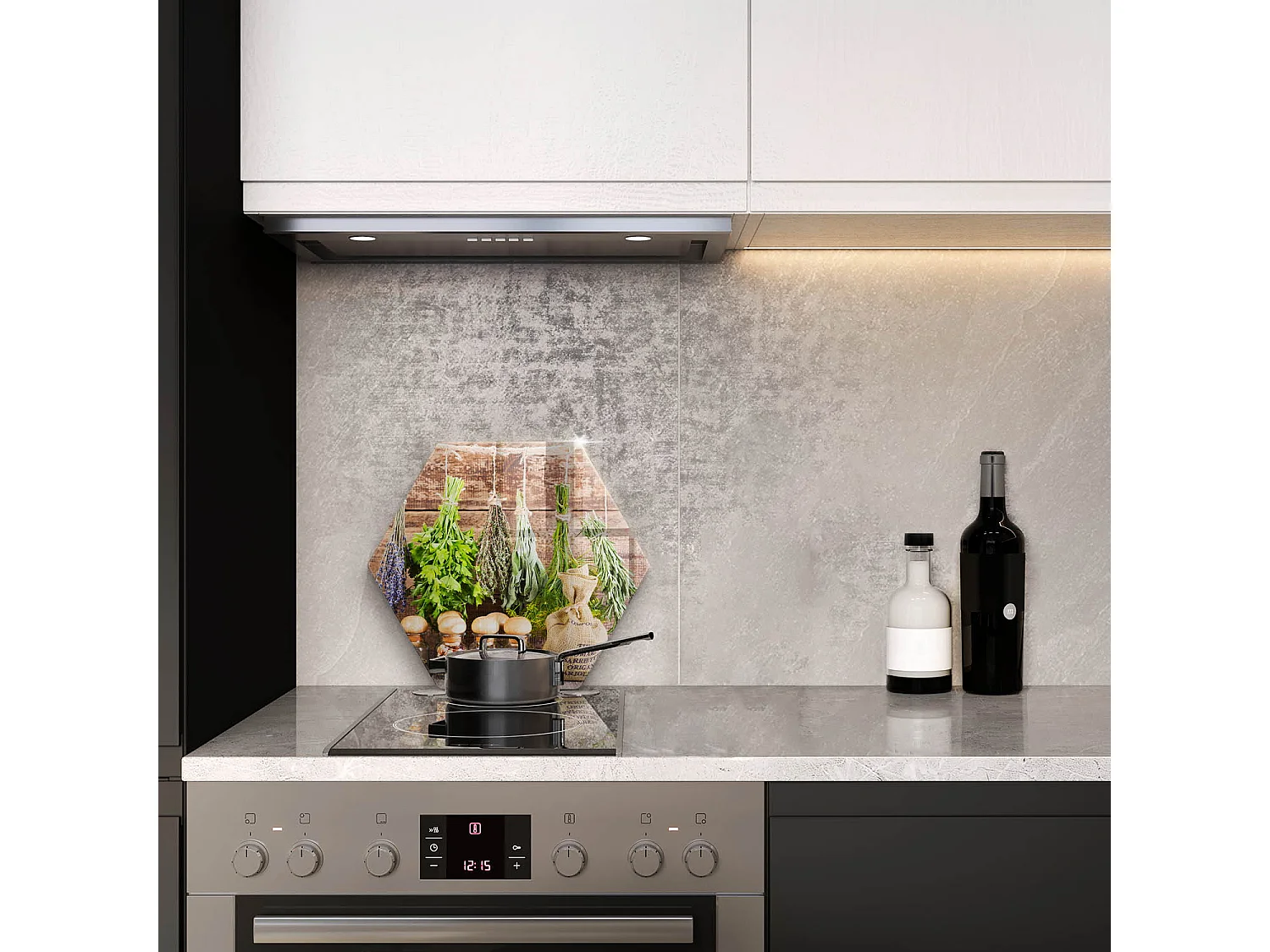 Sechseckiges Küchenbrett aus Glas, 40 cm Kräuter, Gewürze und Holz