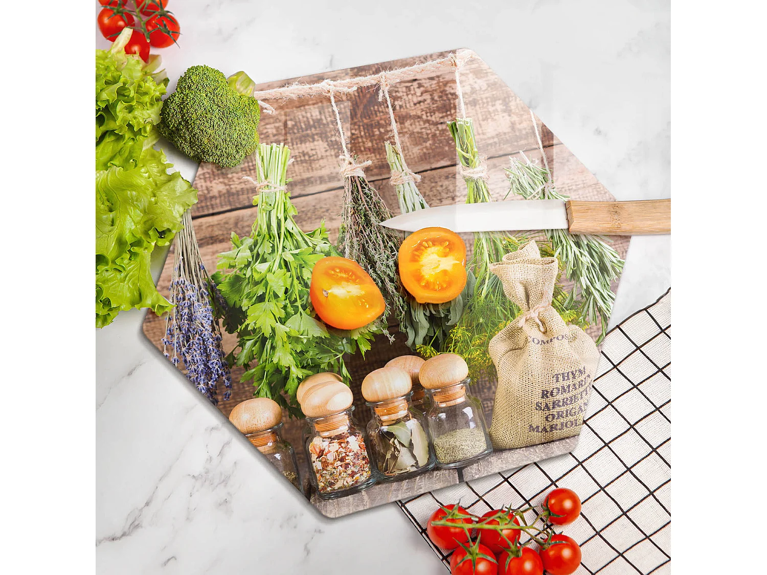 Sechseckiges Küchenbrett aus Glas, 40 cm Kräuter, Gewürze und Holz