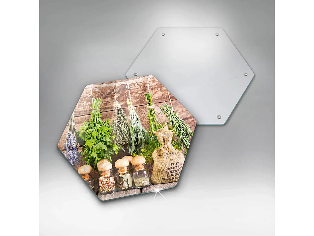 Sechseckiges Küchenbrett aus Glas, 40 cm Kräuter, Gewürze und Holz
