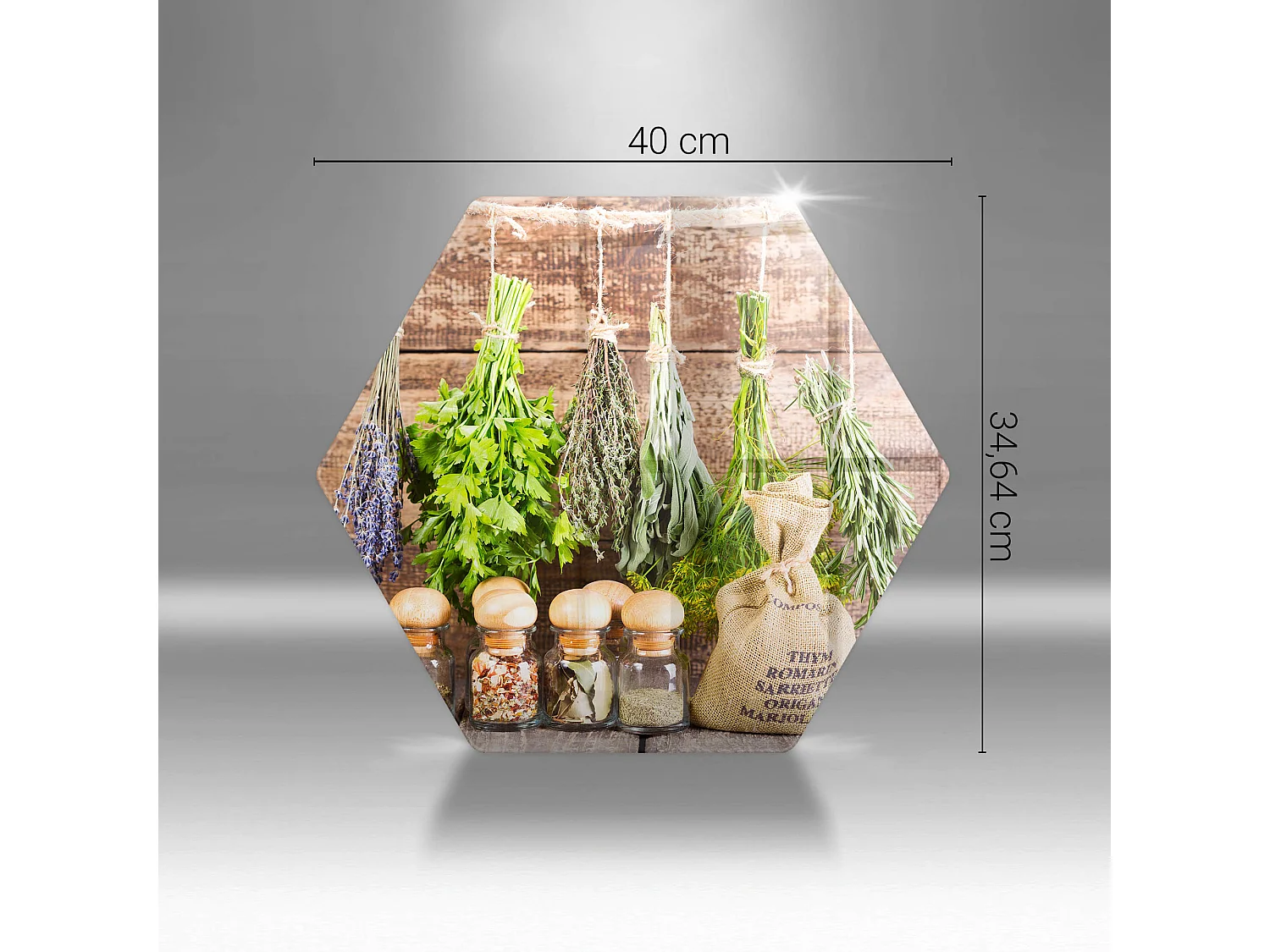 Sechseckiges Küchenbrett aus Glas, 40 cm Kräuter, Gewürze und Holz