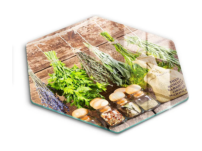 Sechseckiges Küchenbrett aus Glas, 40 cm Kräuter, Gewürze und Holz