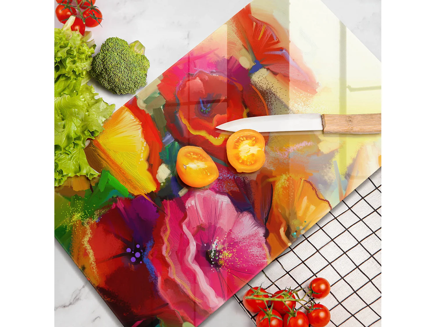 Planche de cuisine rectangulaire en verre, 30x52 cm Fleurs colorées peintes