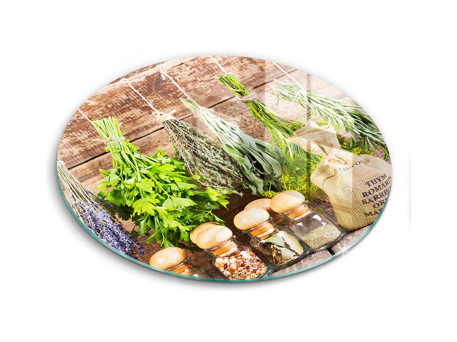 Planche de cuisine ronde en verre, 30 cm Herbes, épices et bois