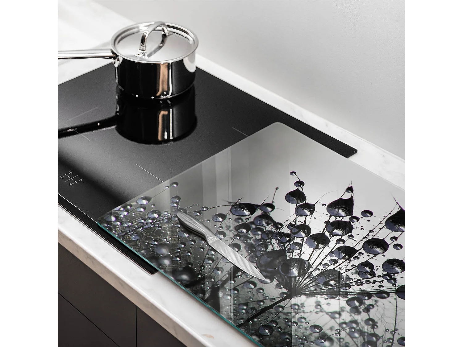 Rechteckiges Küchenbrett aus Glas, 80x52 cm Löwenzahn und Tau