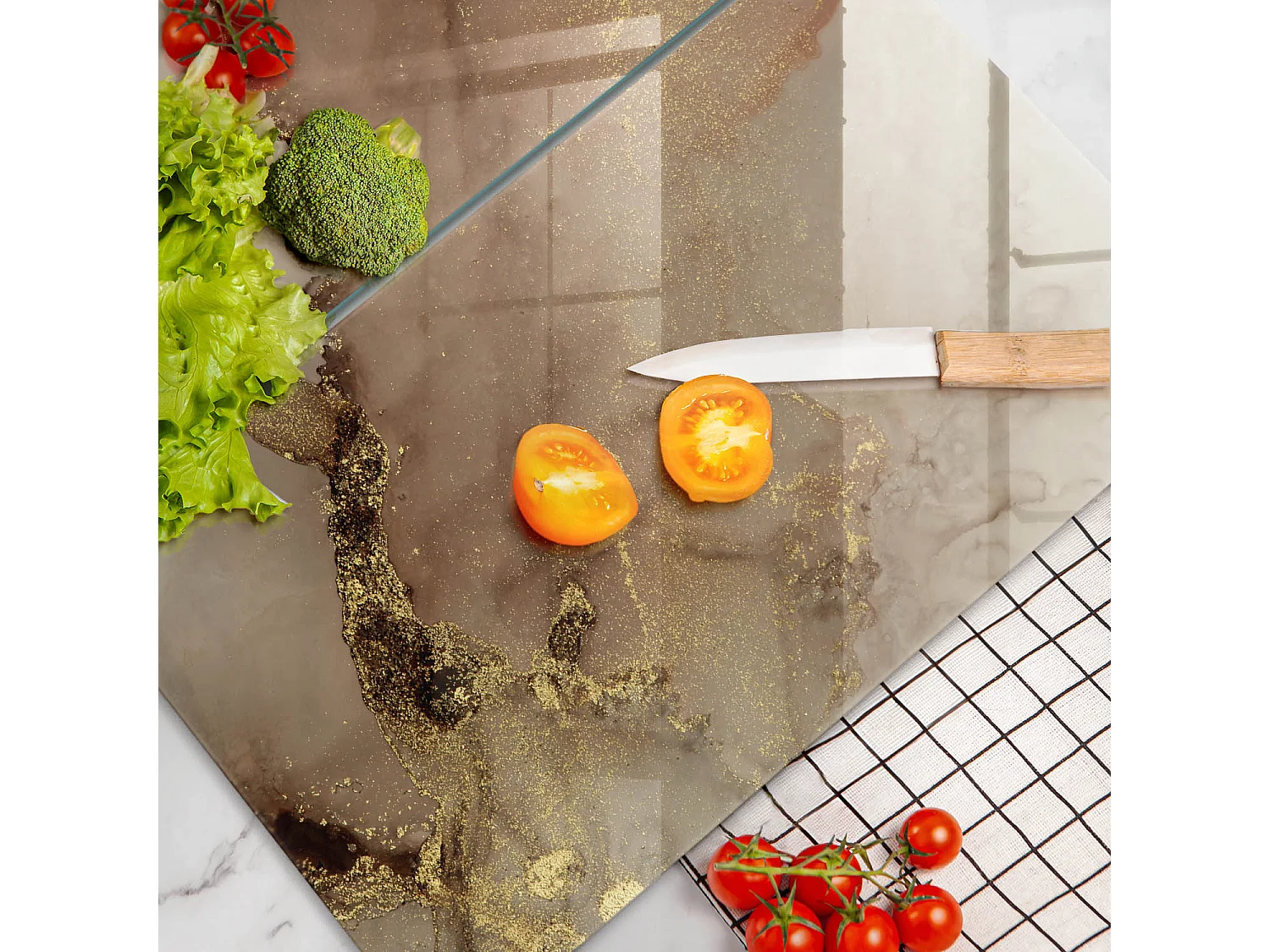 Tabla de cocina rectangular de vidrio, 2 piezas, 30x52 cm Oro abstracto