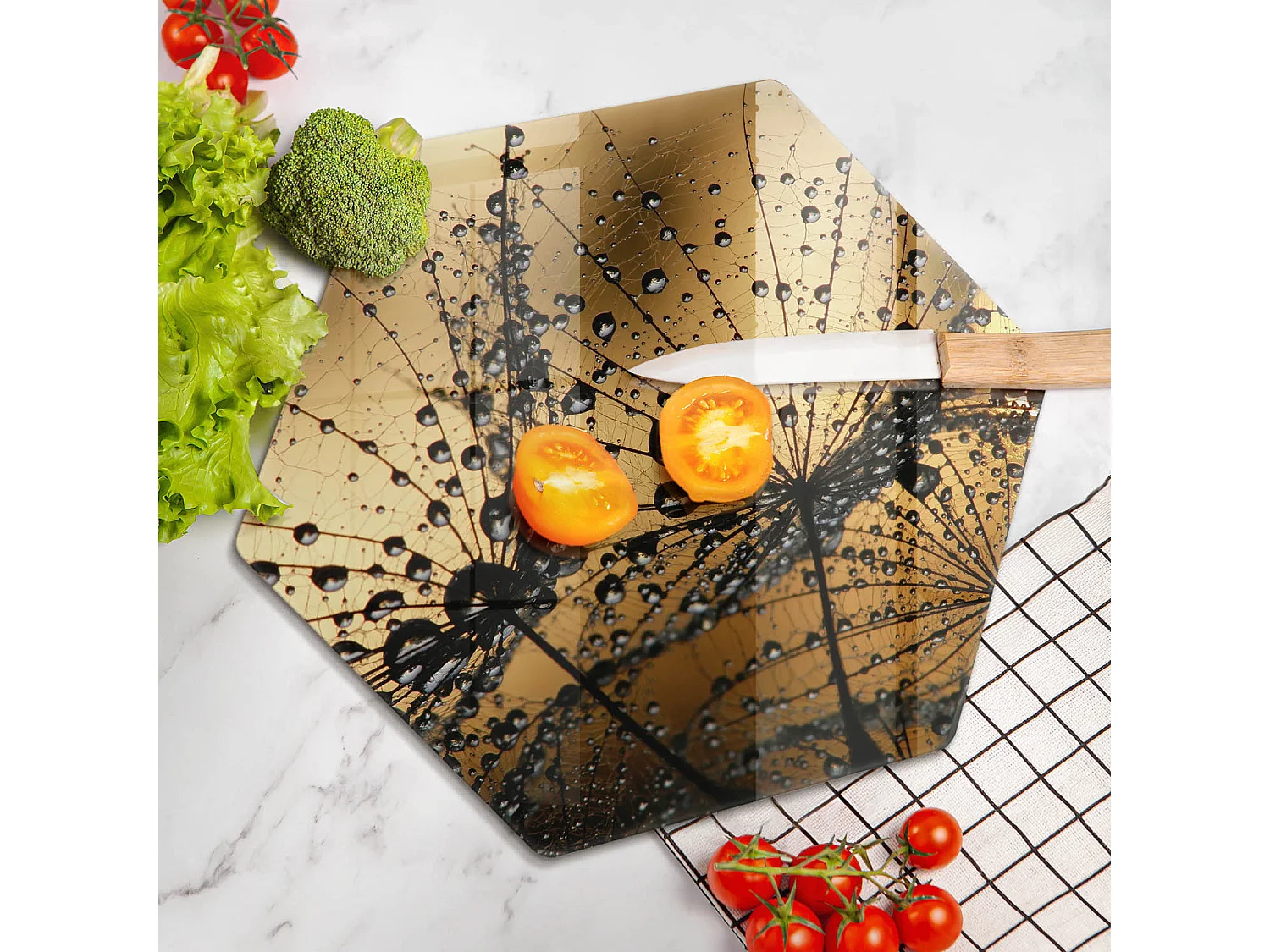 Planche de cuisine hexagonale en verre, 40 cm Rosa et pissenlits