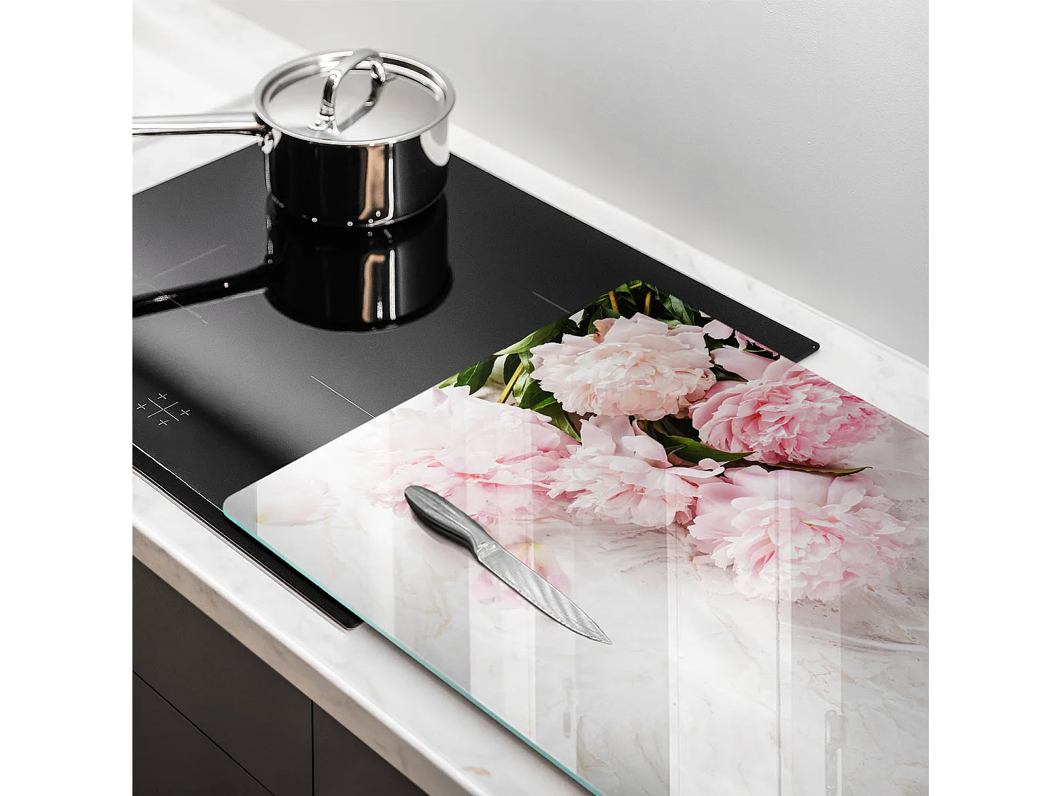 Rechteckiges Küchenbrett aus Glas, 80x52 cm. Zarte rosa Blüten