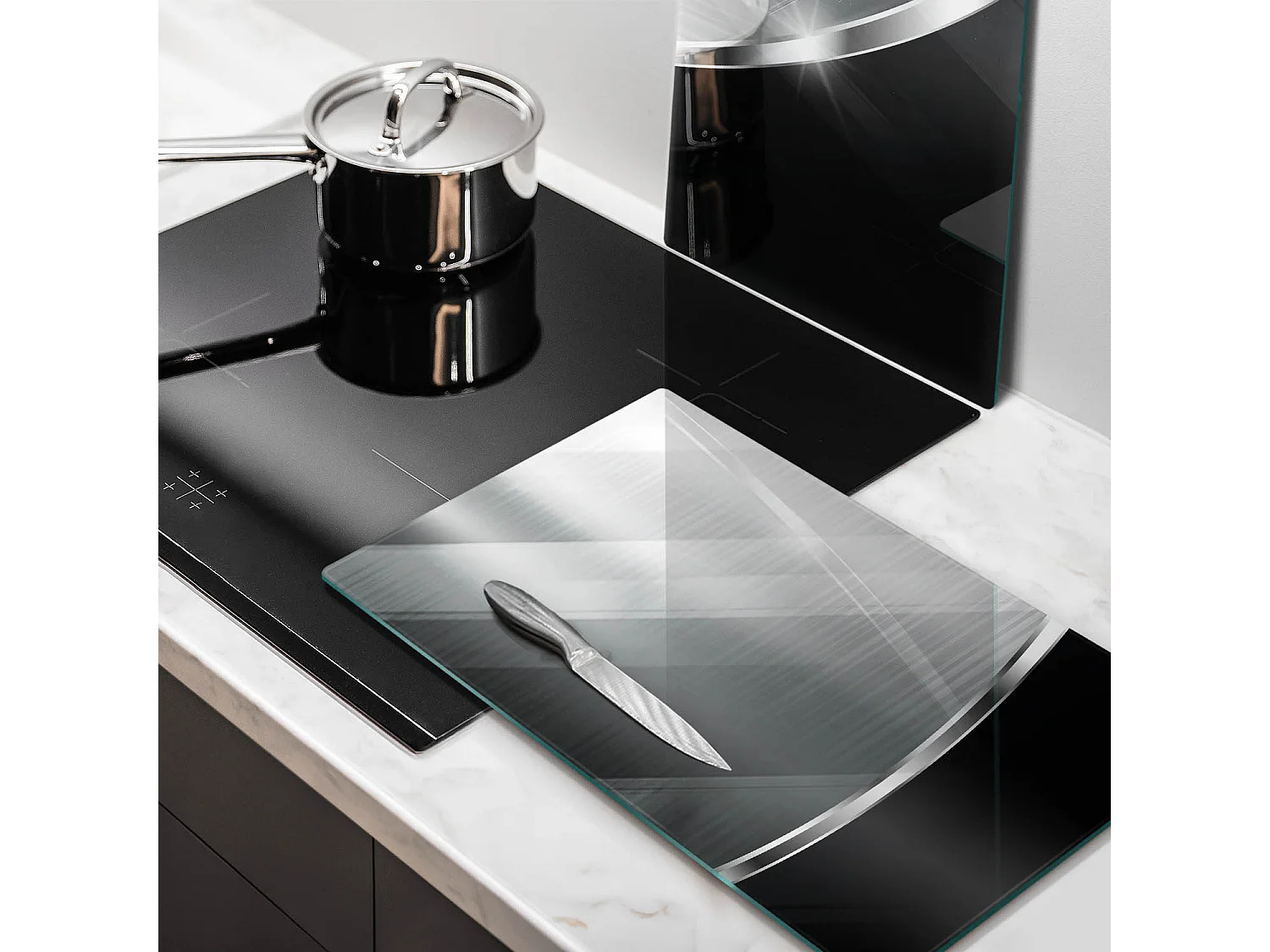 Rechteckiges Küchenbrett aus Glas, 2 Stück 30x52 cm Abstraktion mit Metall