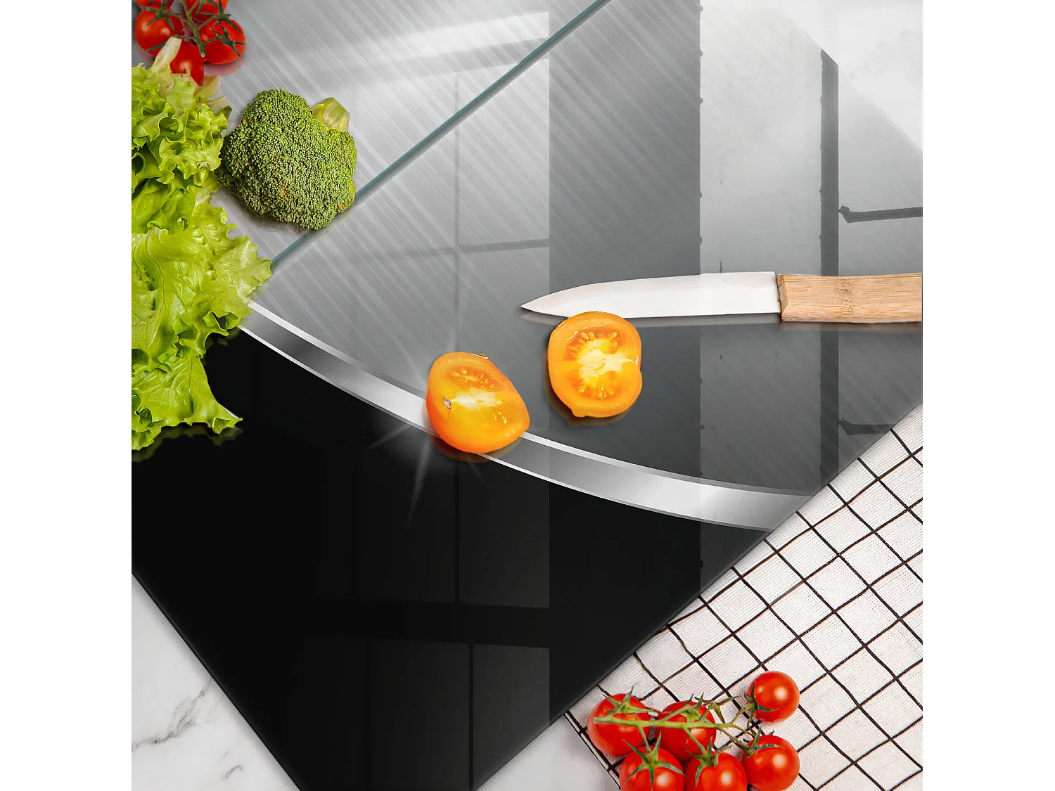 Rechteckiges Küchenbrett aus Glas, 2 Stück 30x52 cm Abstraktion mit Metall