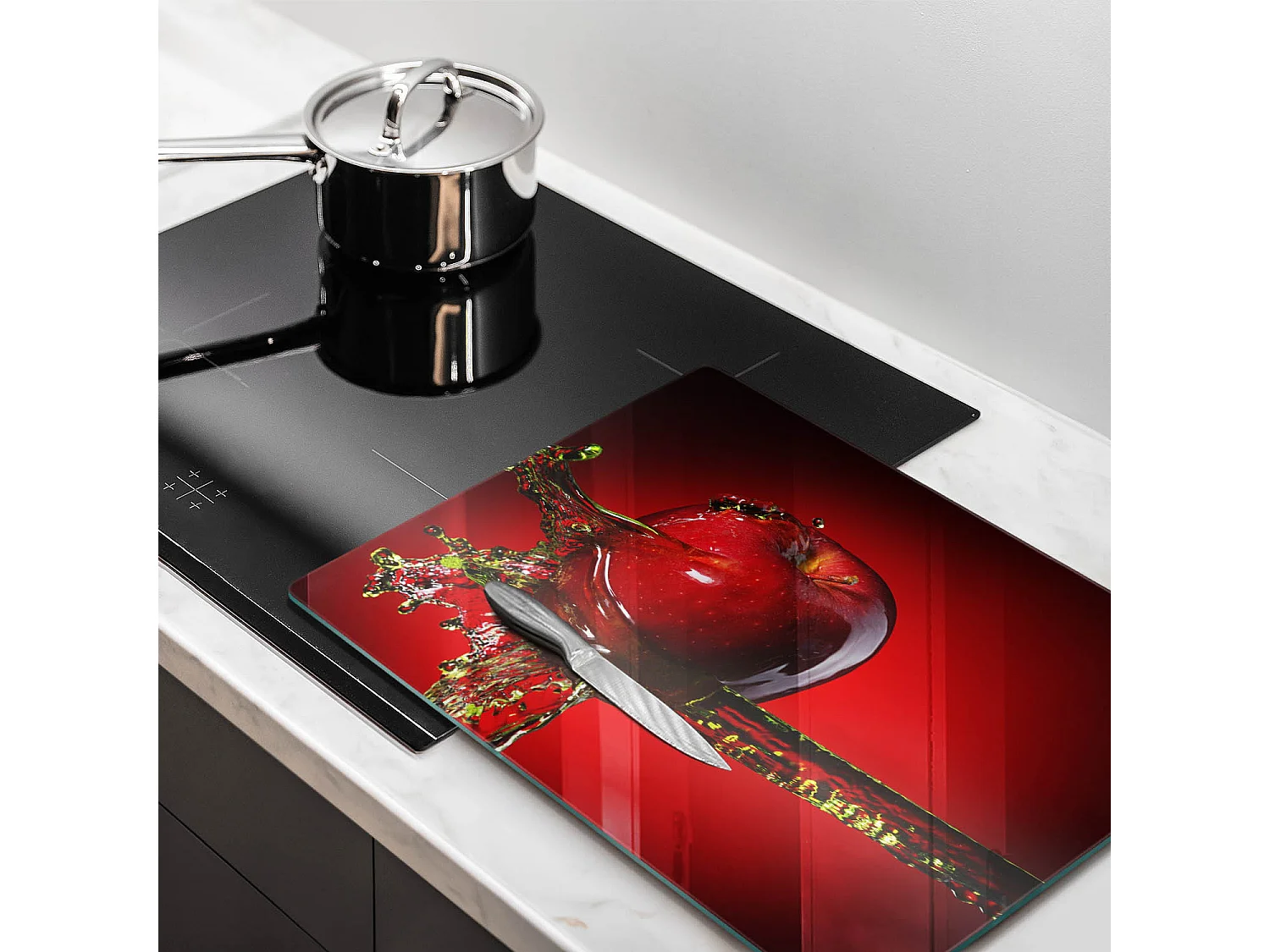 Rechteckiges Küchenbrett aus Glas, 52x40 cm Apfel im Wasser