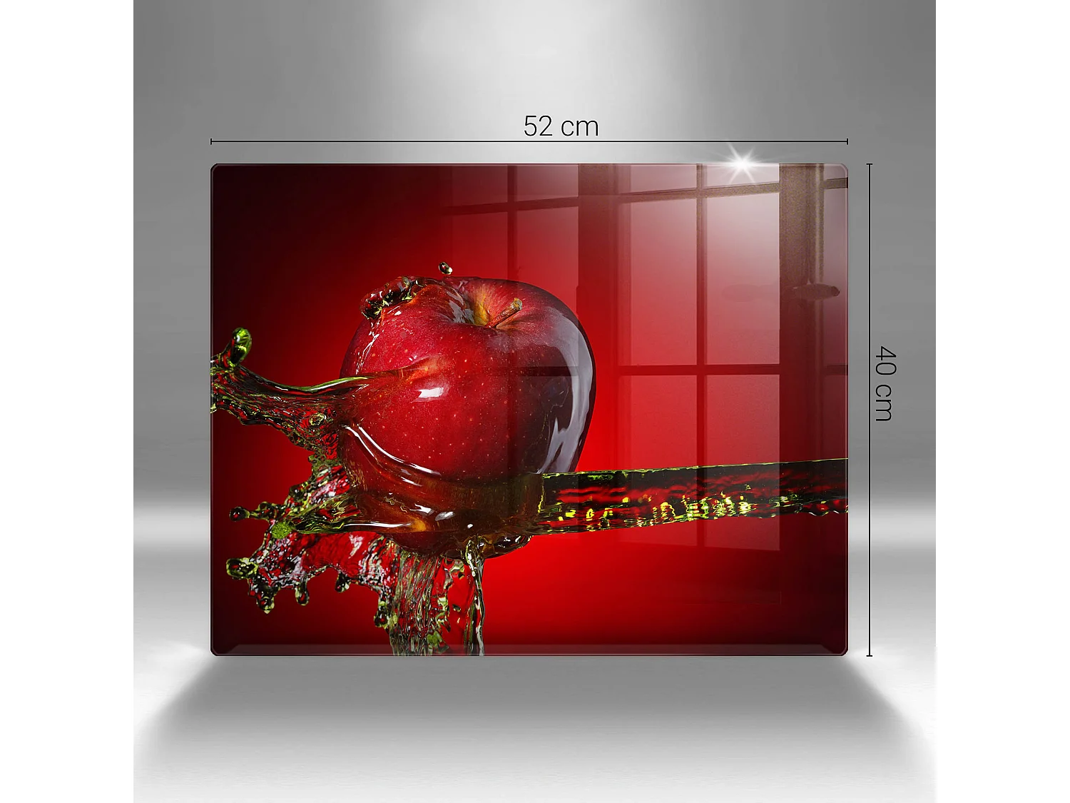 Rechteckiges Küchenbrett aus Glas, 52x40 cm Apfel im Wasser