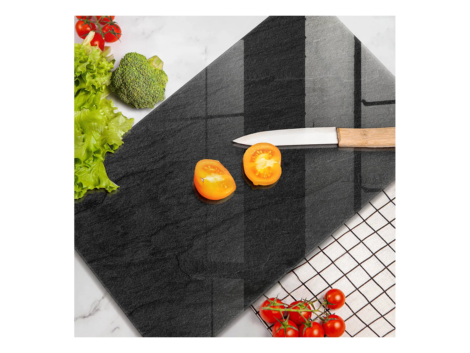 Planche de cuisine rectangulaire en verre, 30x52 cm, texture pierre.